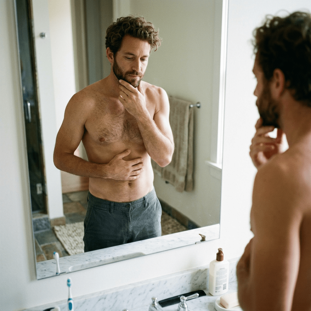 Shirtless man looking at his reflection in the bathroom mirror, touching his chin and stomach.