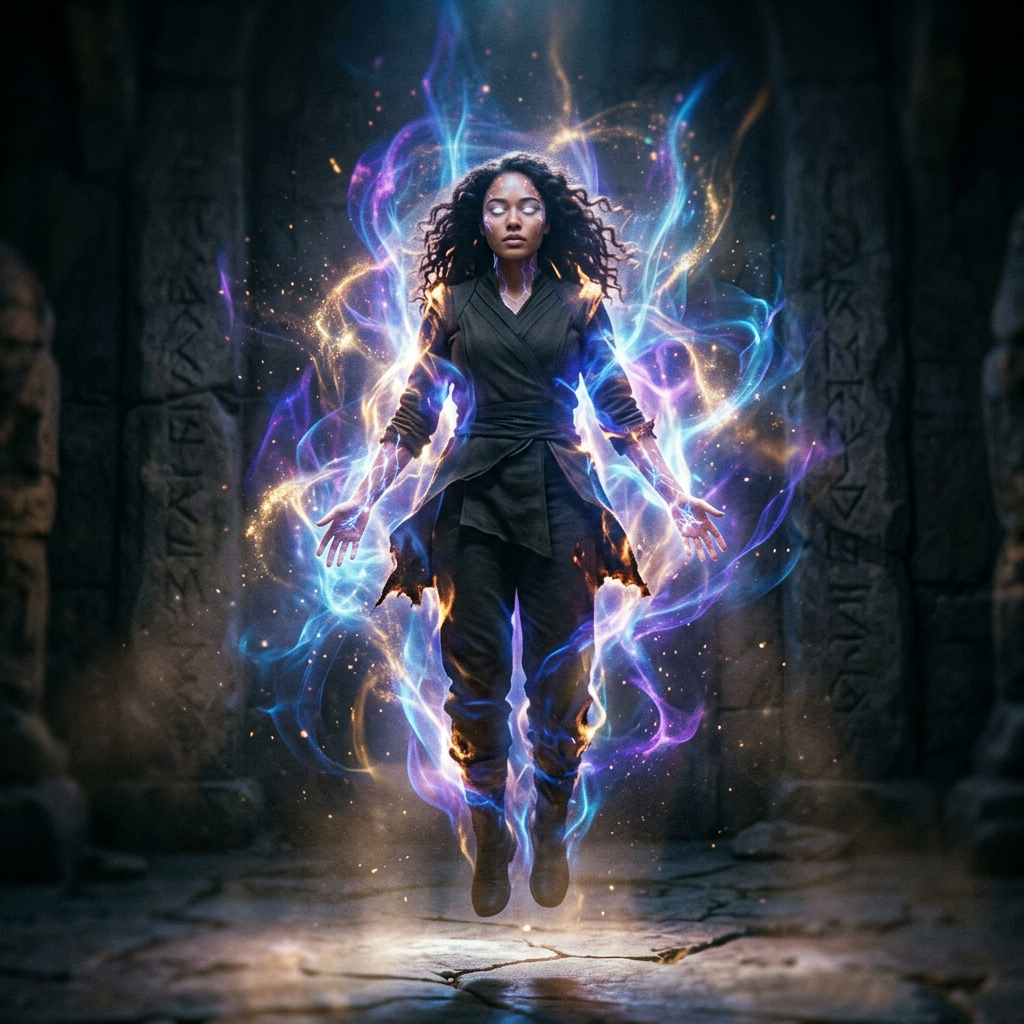 Woman levitating with glowing blue and purple magical energy around her in a stone chamber